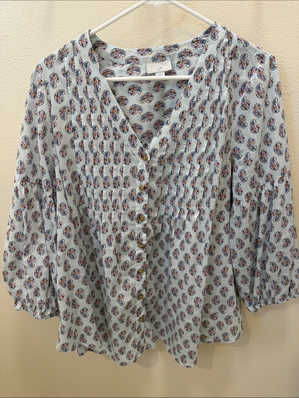 J. Jill Womens Paisley Pintuck Cotton Button Front Blouse Blue Red Size M